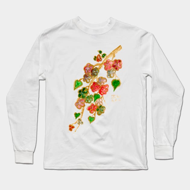 Cherry blossom gold watercolour art Long Sleeve T-Shirt by Pragonette